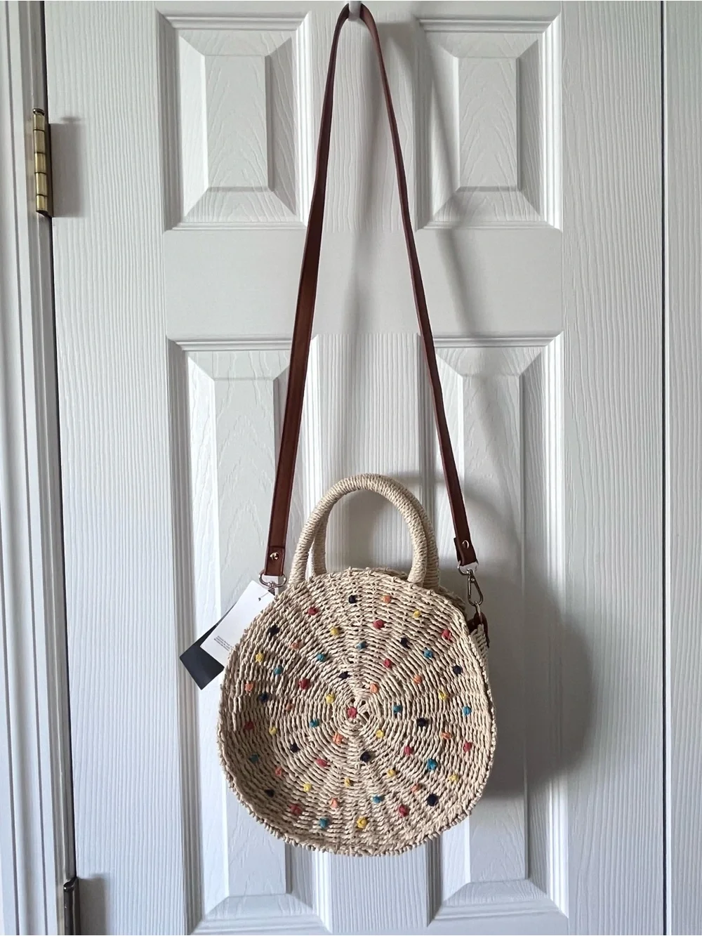 LOFT Woven Round Straw Tote Bag with Colorful 3D Dots - Detachable Strap -  NWT